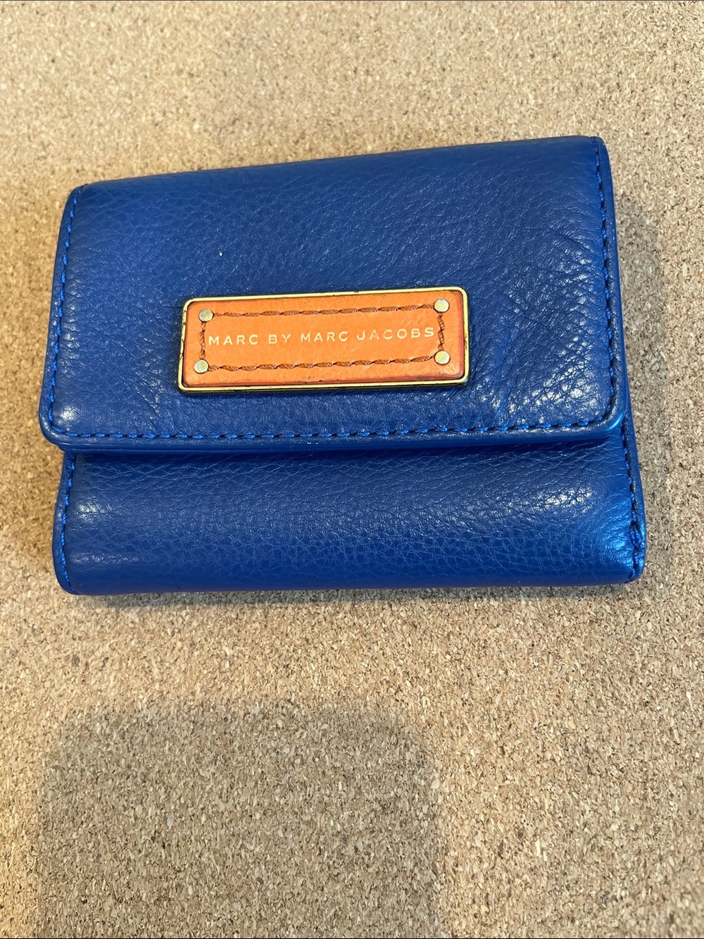 Marc by Marc Jacobs Blue Leather Compact Wallet with Orange Logo Plate